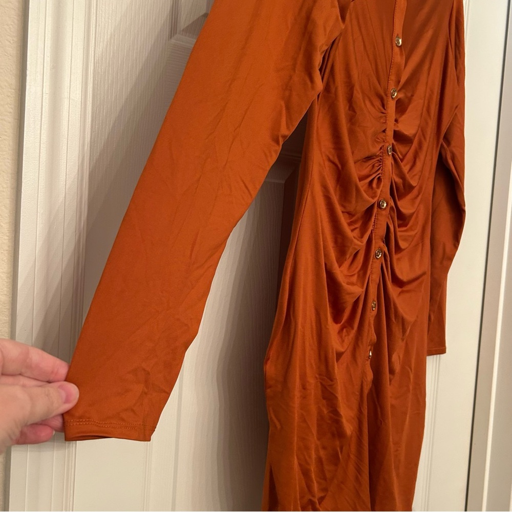 Guess Burnt Orange Ruched Long Sleeve Dress Size L - Picture 4 of 8